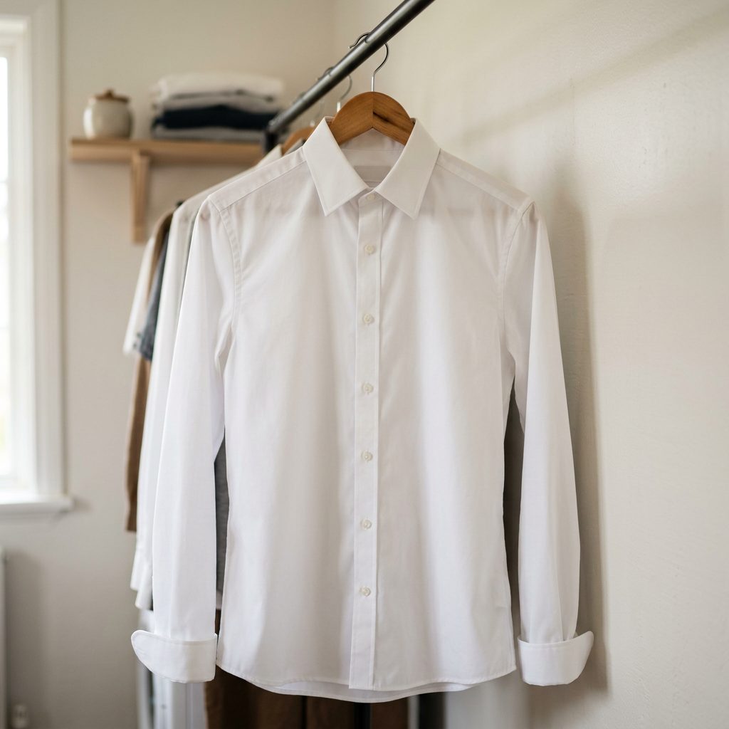 White long-sleeve dress shirt on wooden hanger