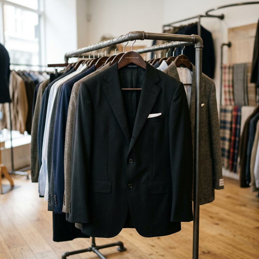 Men's tailored suits hanging on a rack in a boutique store