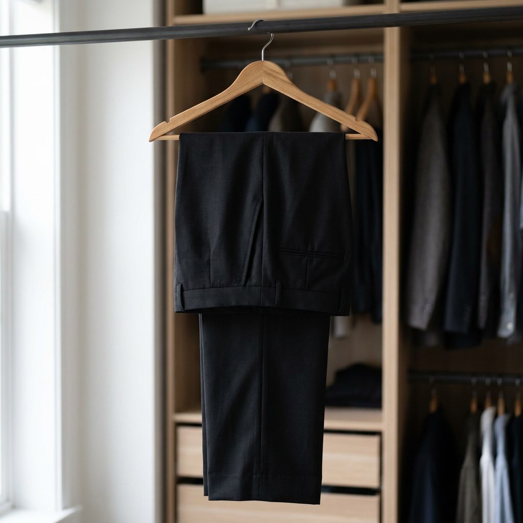 Black trousers hanging on hanger